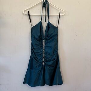 Jessica McClintock Teal Halter Mini Dress with Rhinestone Detail Size 6